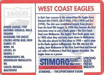 1991 Scanlens Stimorol #23 West Coast Eagles Back